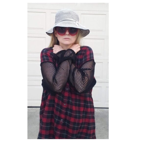 5/$100 SALE -  LF Furst of a Kind Oversized V Neck Flannel with Fishnet Arms - Picture 1 of 12